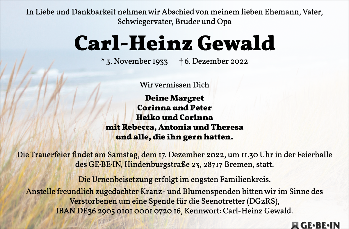 Traueranzeige von Carl-Heinz Gewald von WESER-KURIER