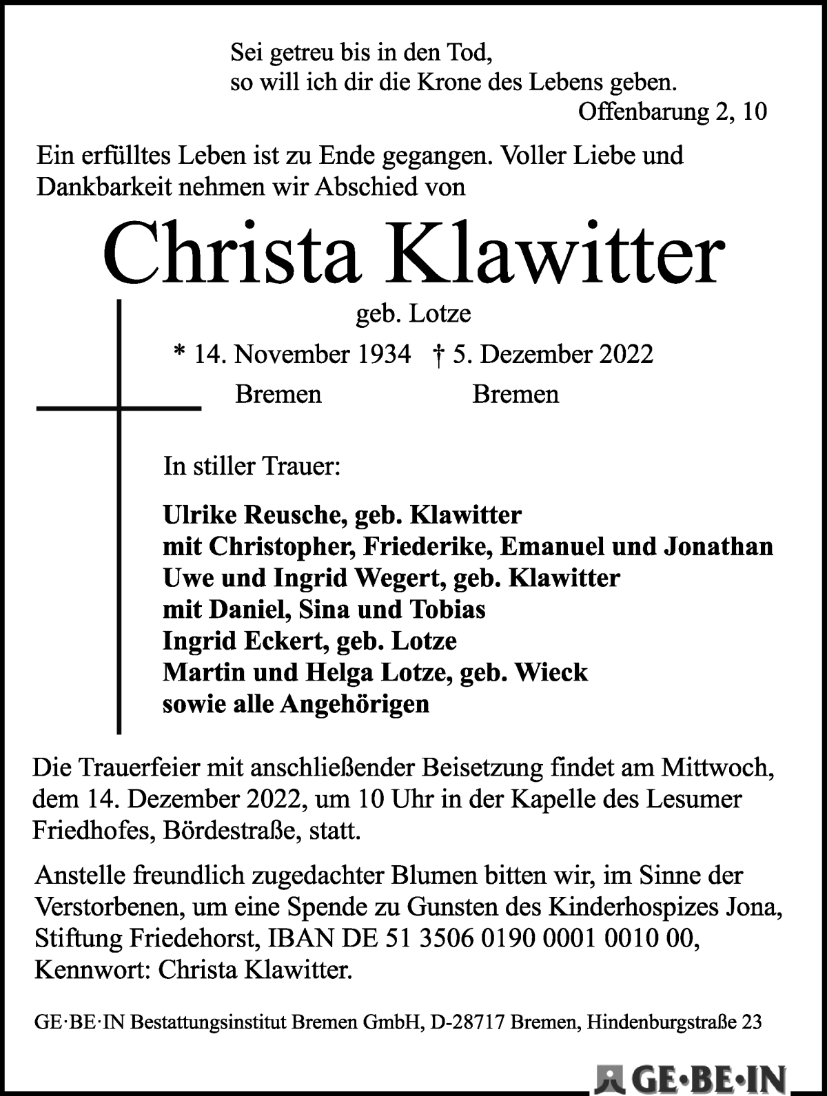 Traueranzeige von Christa Klawitter von WESER-KURIER