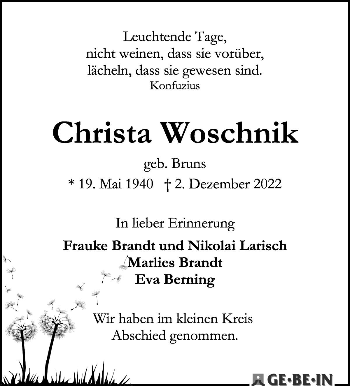 Traueranzeige von Christa Woschnik von WESER-KURIER