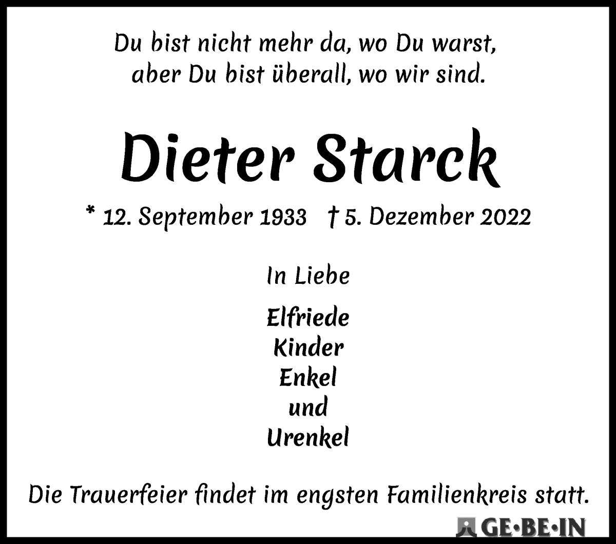 Traueranzeige von Dieter Starck von WESER-KURIER