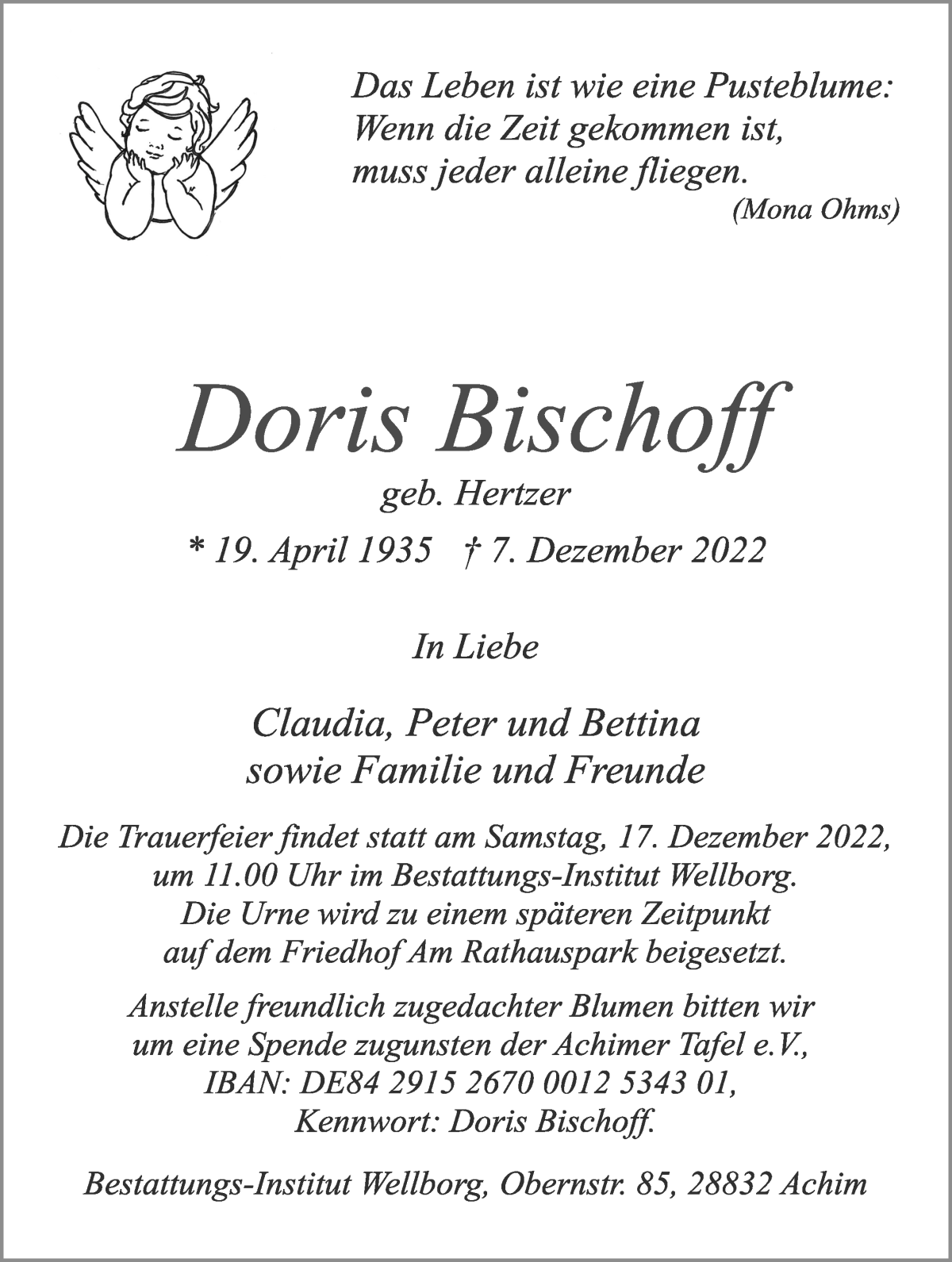 Traueranzeige von Doris Bischoff von Achimer Kurier/Verdener Nachrichten