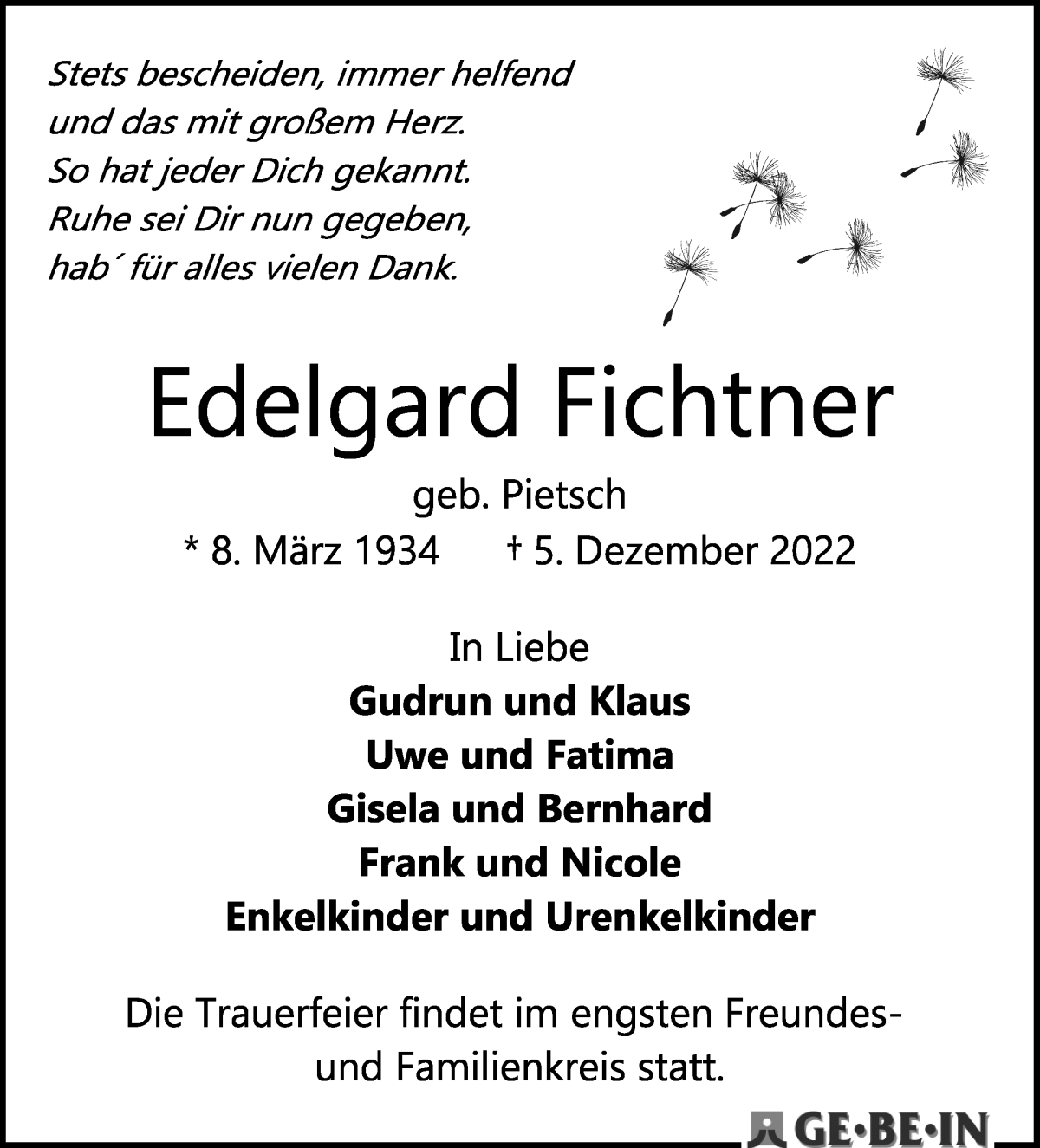 Traueranzeige von Edelgard Fichtner von WESER-KURIER