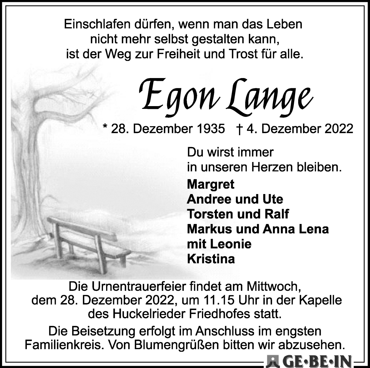 Traueranzeige von Egon Lange von WESER-KURIER