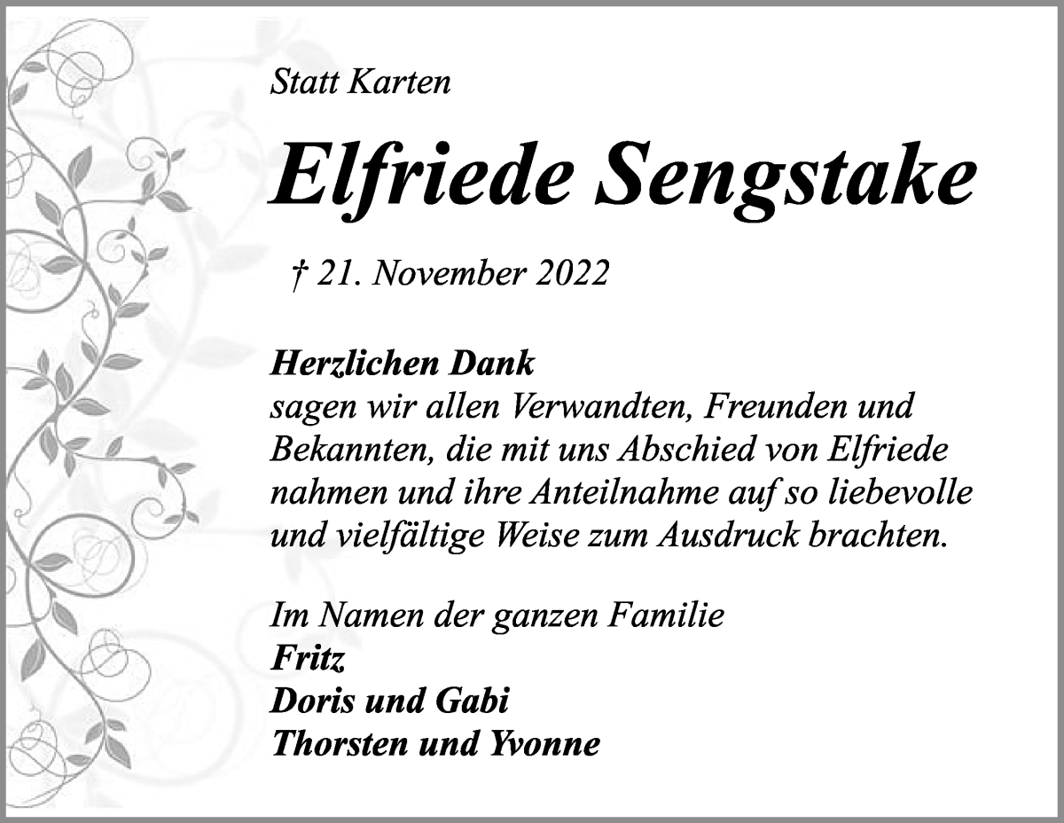 Traueranzeige von Elfriede Sengstake von WESER-KURIER