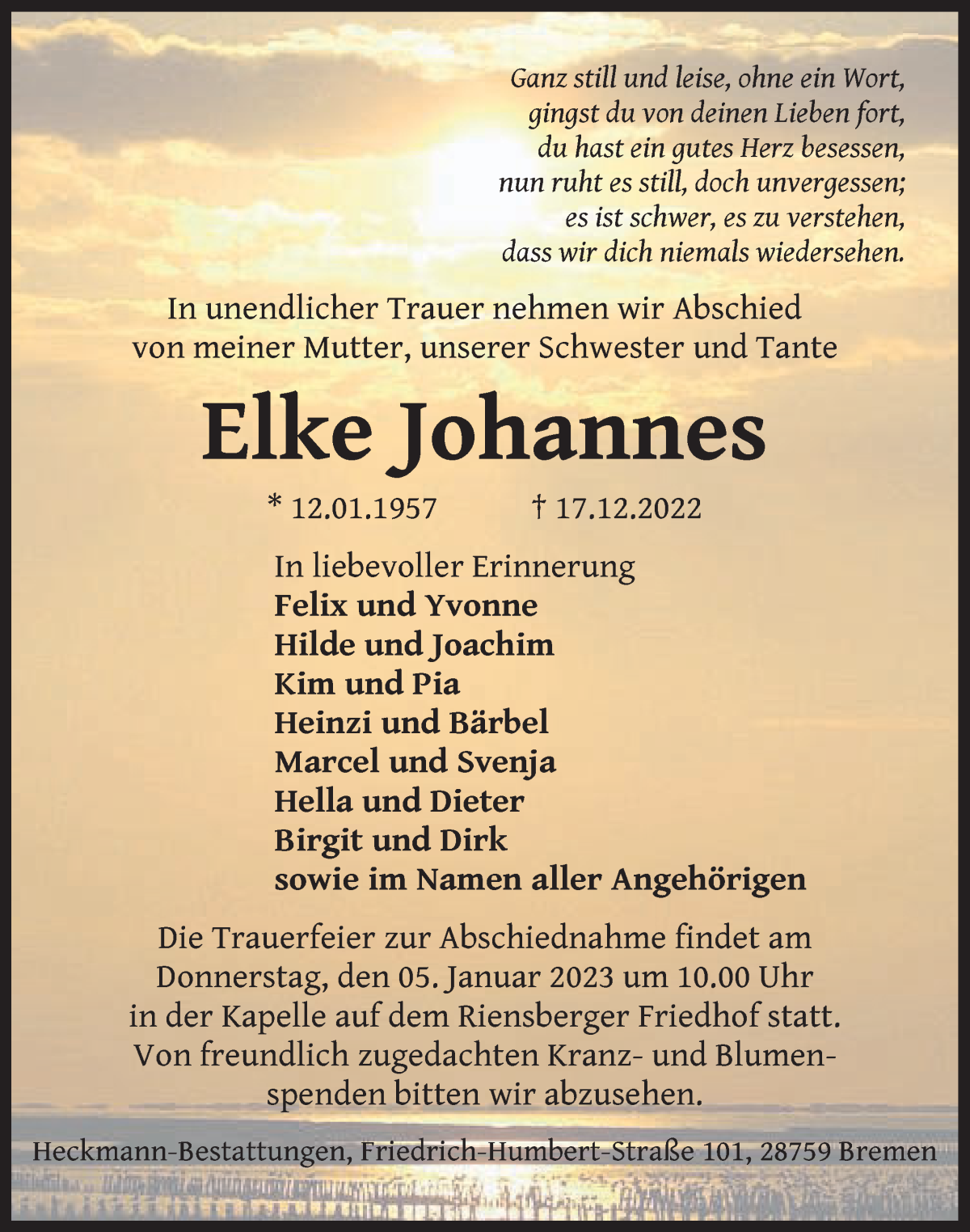 Traueranzeige von Elke Johannes von WESER-KURIER