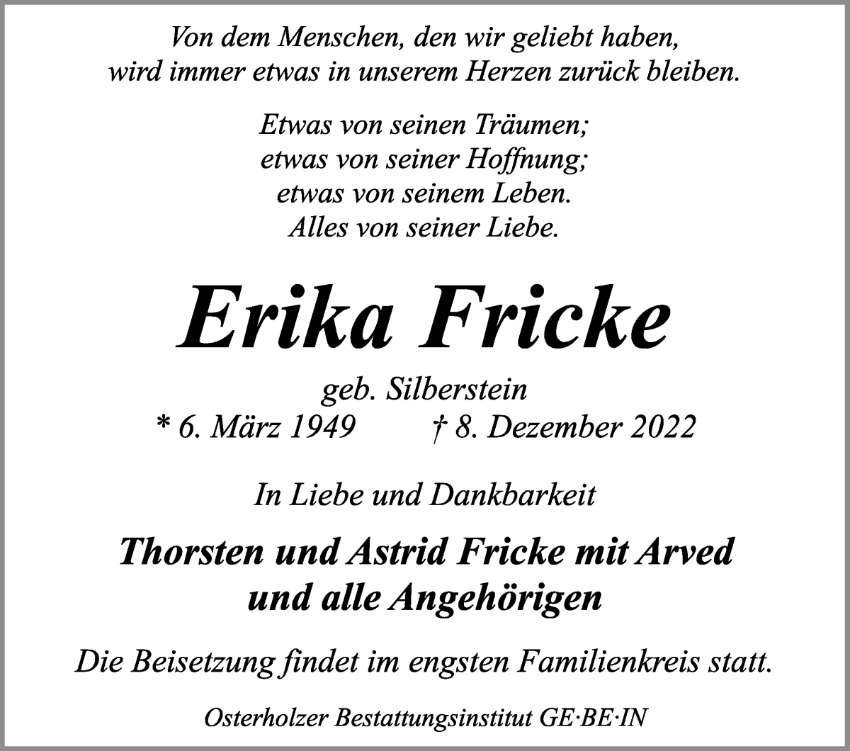 Traueranzeige von Erika Fricke von WESER-KURIER