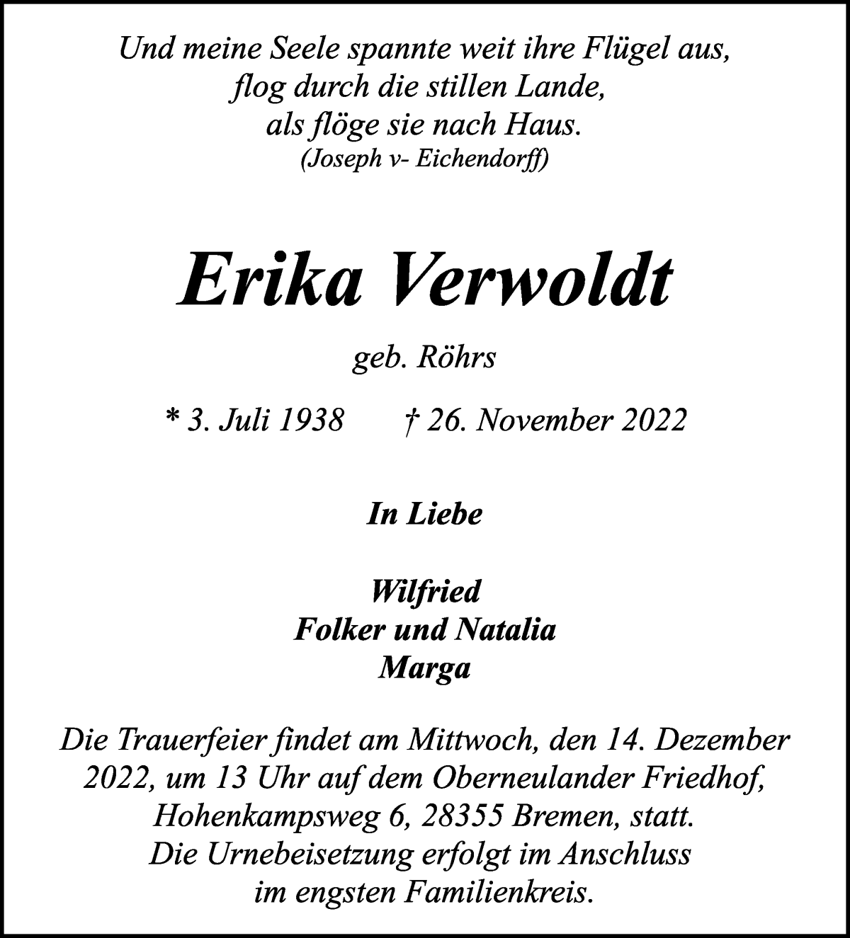 Traueranzeige von Erika Verwoldt von WESER-KURIER