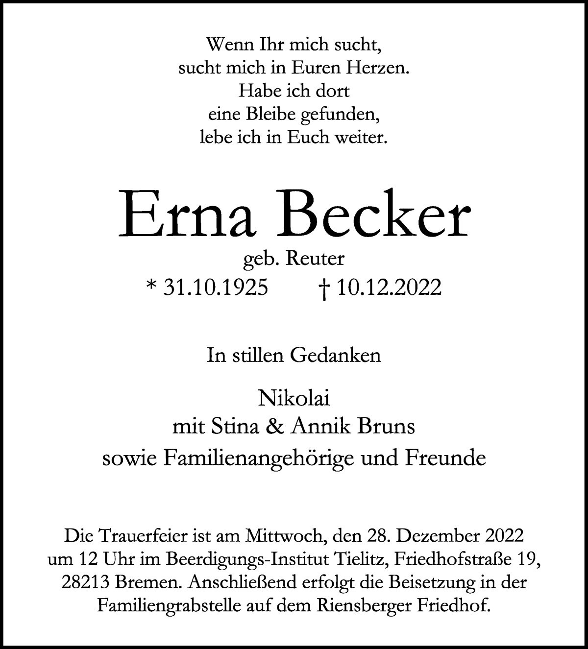 Traueranzeige von Erna Becker von WESER-KURIER