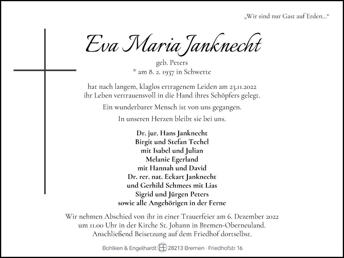 Traueranzeige von Eva Maria Janknecht von WESER-KURIER