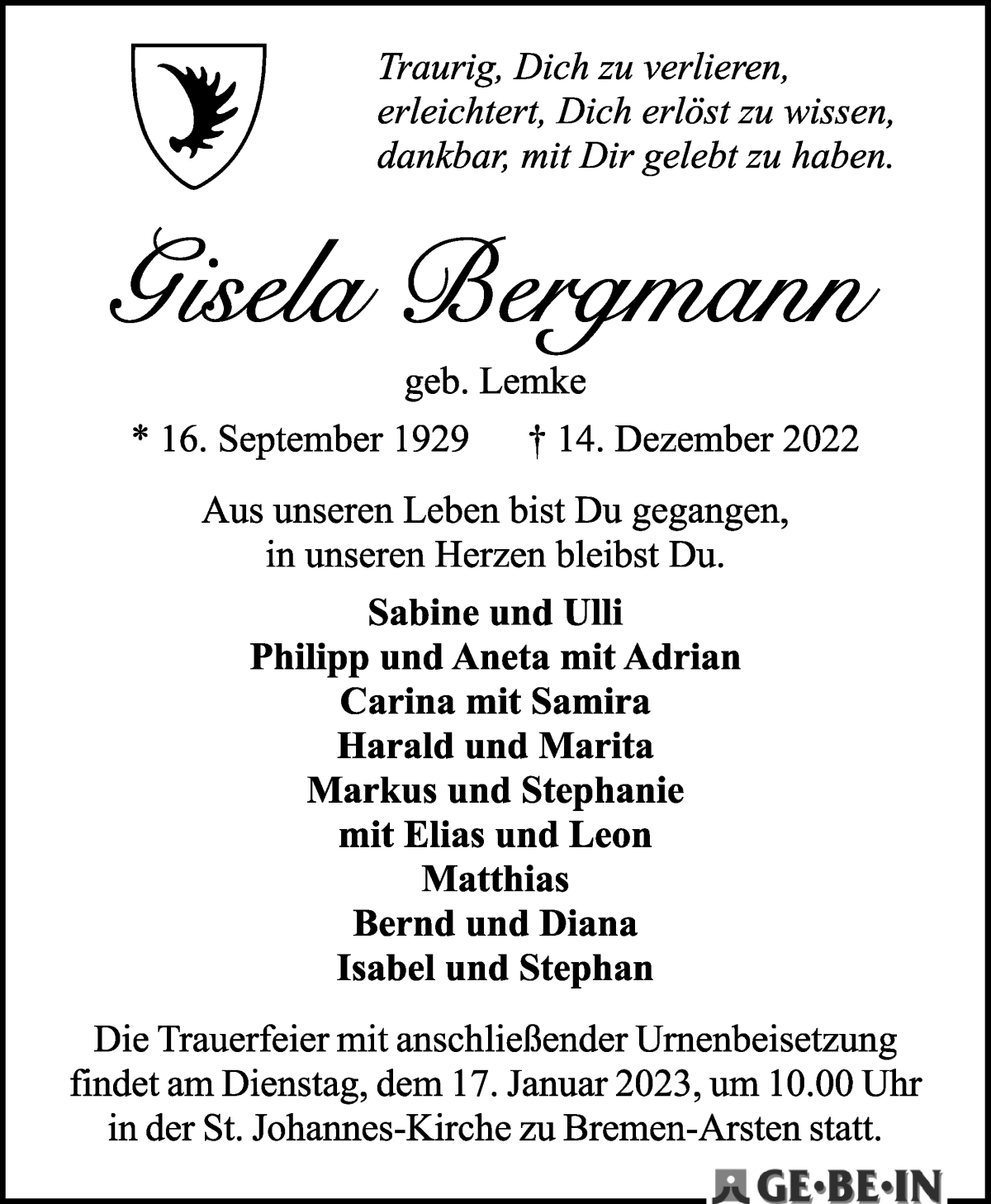 Traueranzeige von Gisela Bergmann von WESER-KURIER