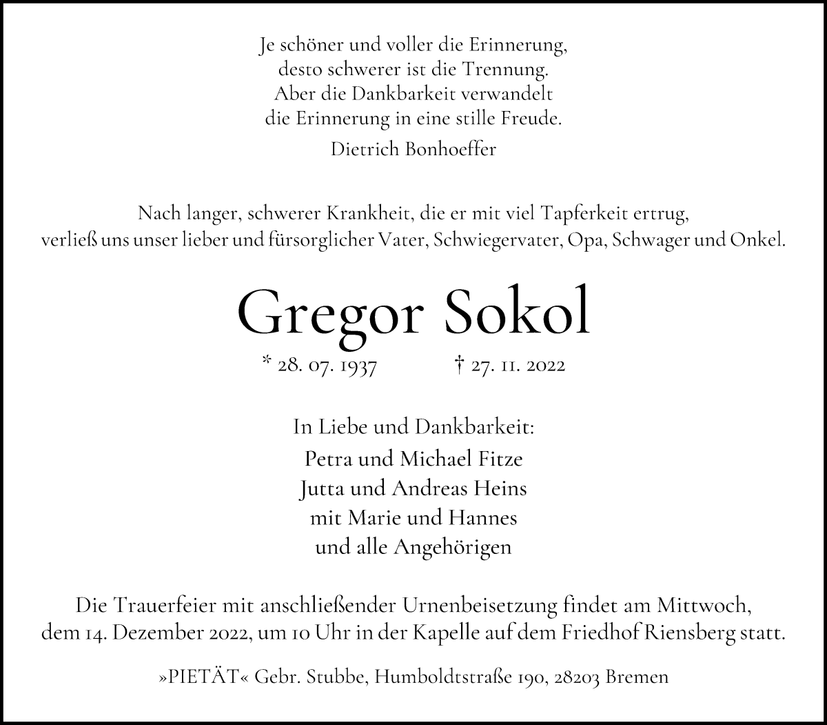 Traueranzeige von Gregor Sokol von WESER-KURIER