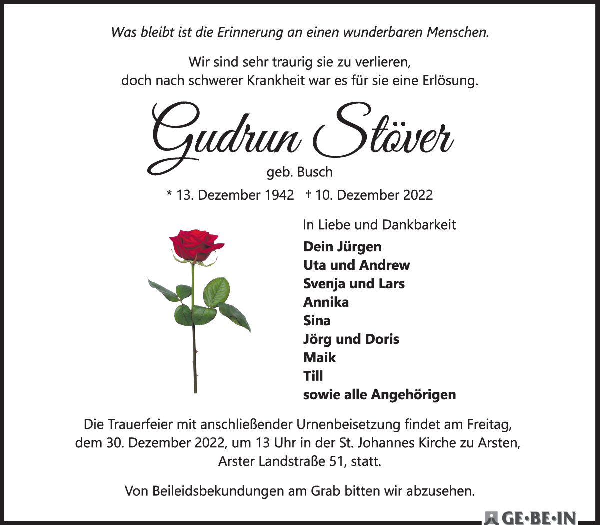 Traueranzeige von Gudrun Stöver von WESER-KURIER