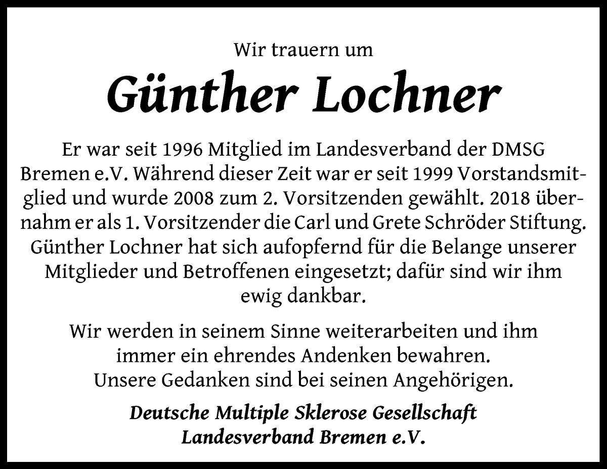 Traueranzeige von Günther Lochner von WESER-KURIER