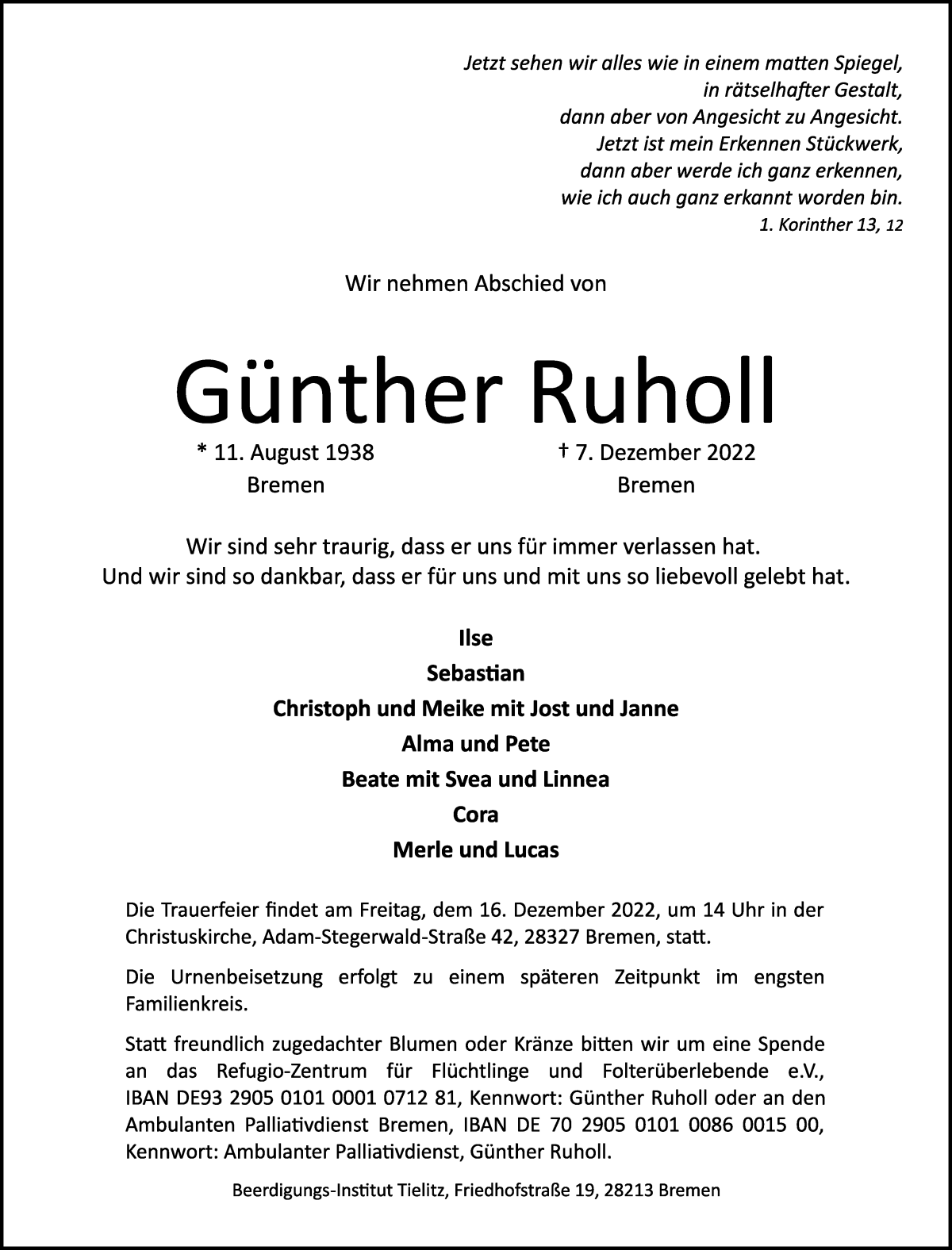 Traueranzeige von Günther Ruholl von WESER-KURIER