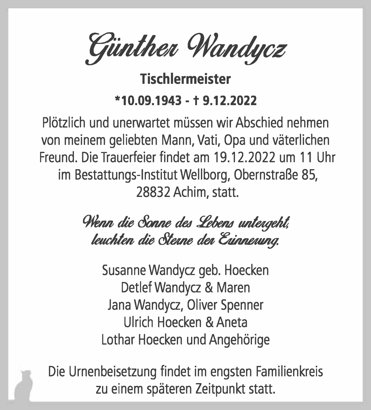 Traueranzeige von Günther Wandycz von WESER-KURIER