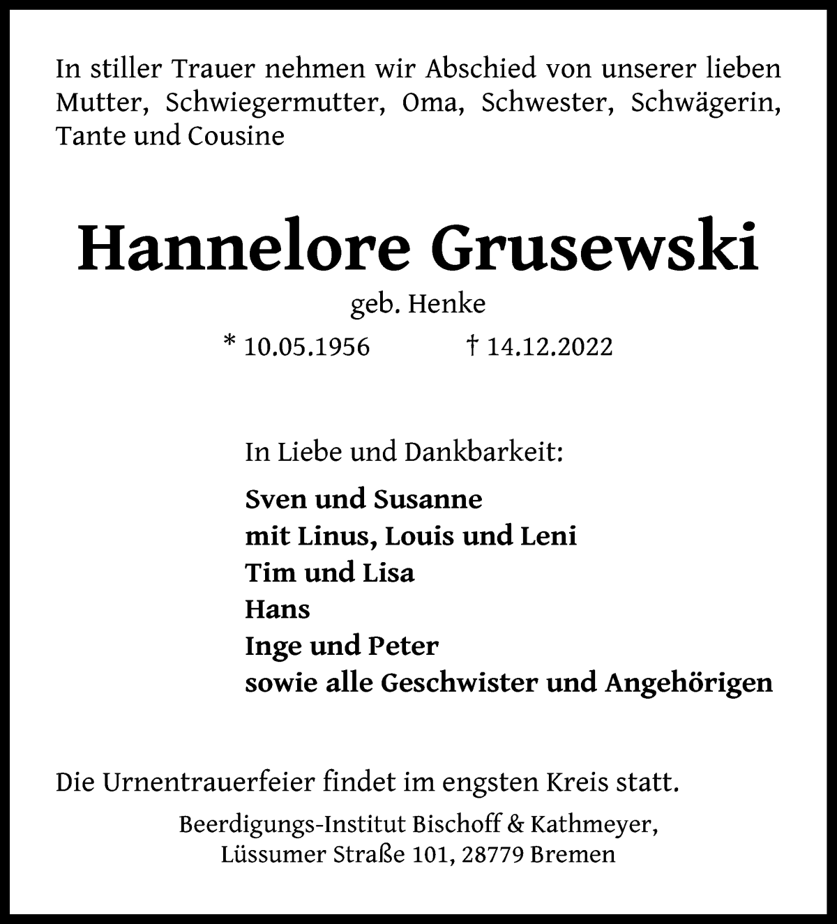 Traueranzeige von Hannelore Grusewski von Die Norddeutsche
