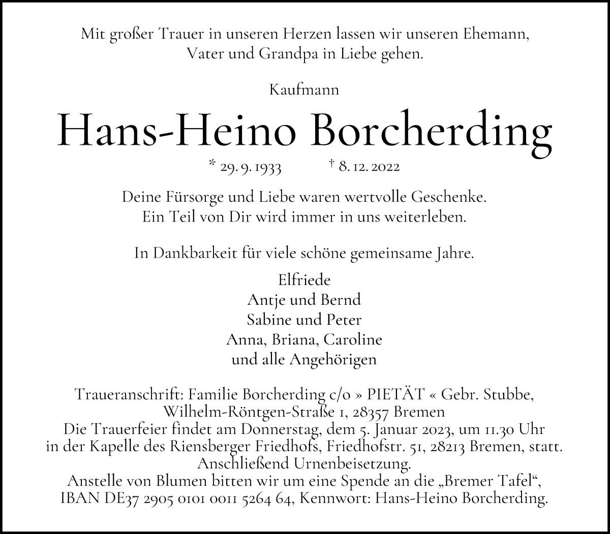 Traueranzeige von Hans-Heino Borcherding von WESER-KURIER