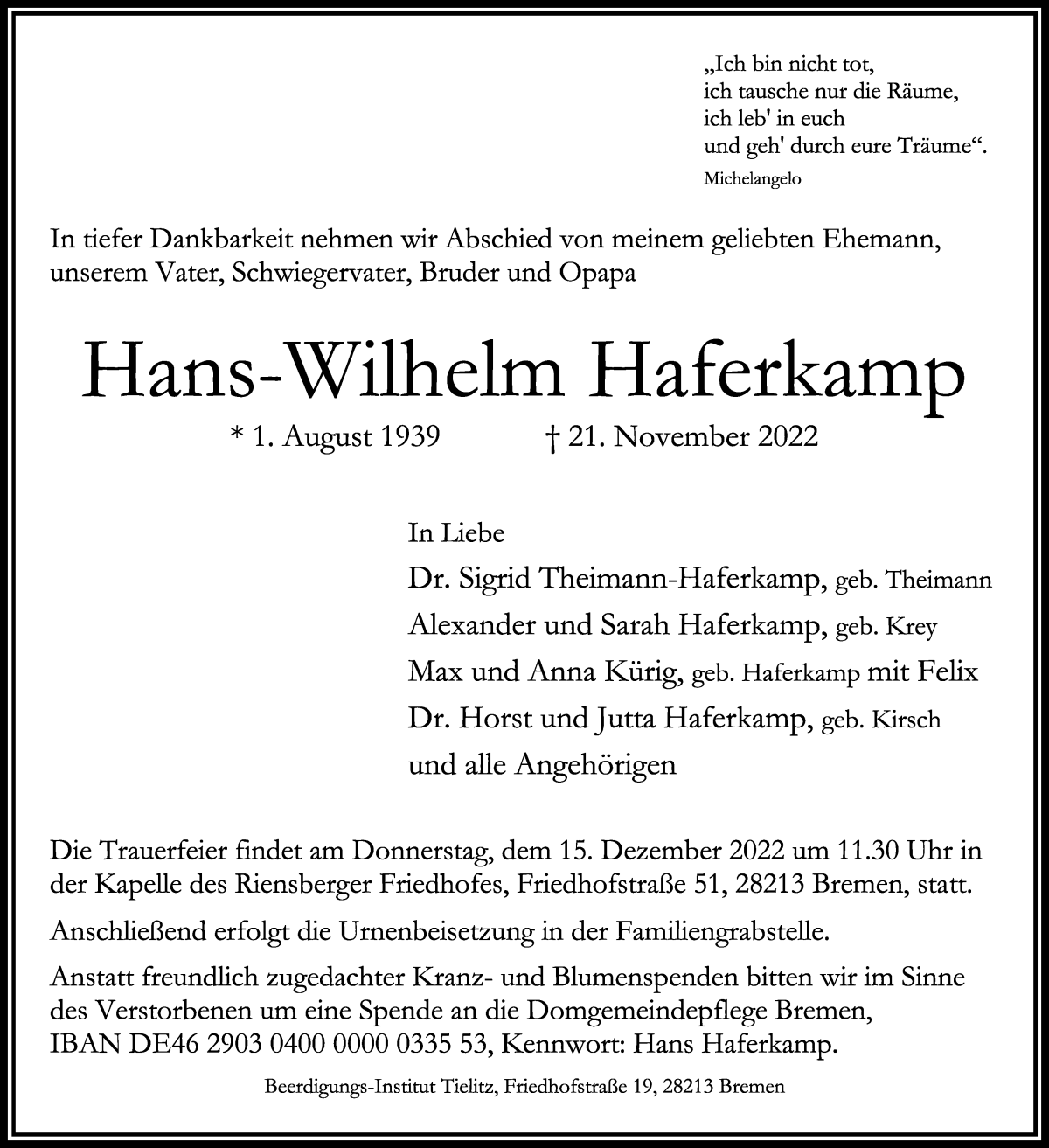 Traueranzeige von Hans-Wilhelm Haferkamp von WESER-KURIER
