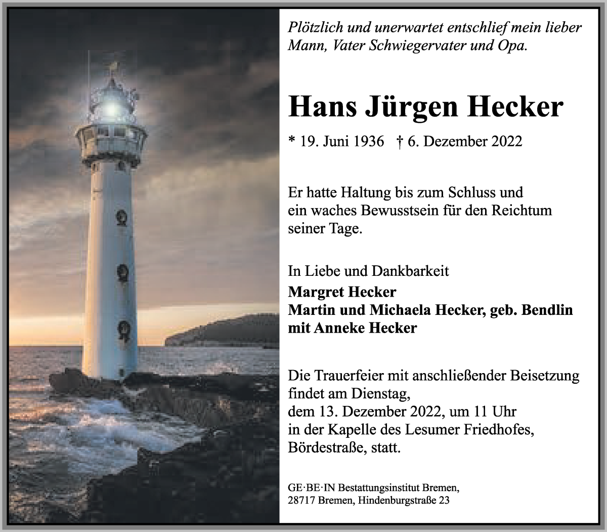 Traueranzeige von Hans Jürgen Hecker von WESER-KURIER