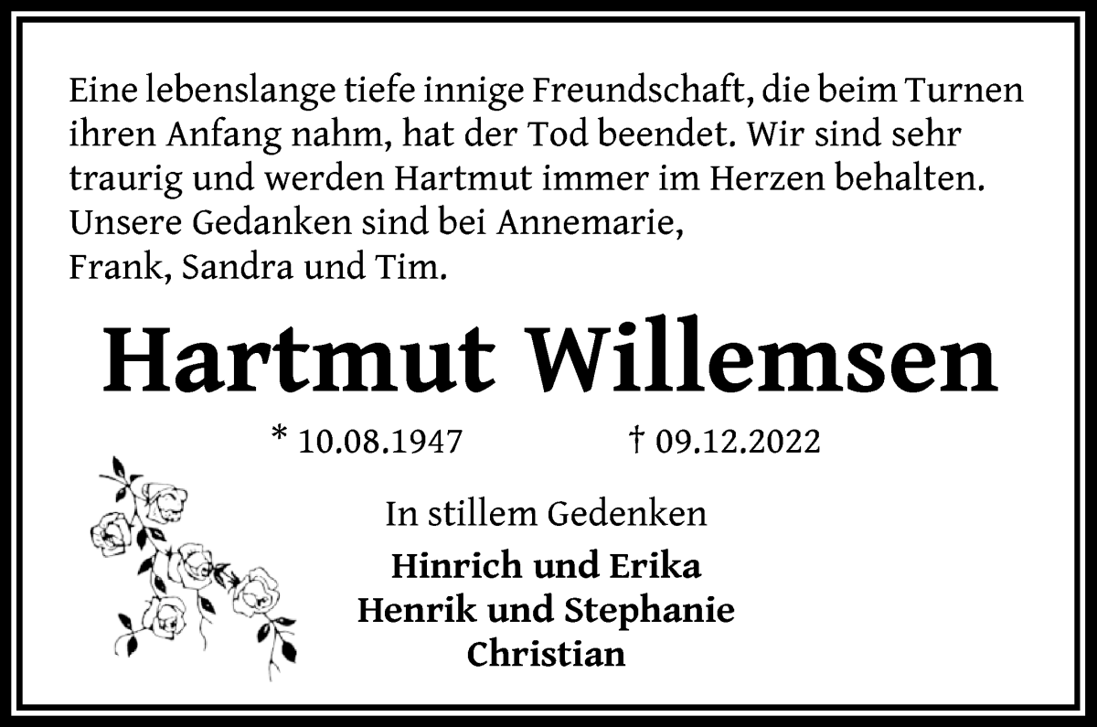Traueranzeige von Hartmut Willemsen von WESER-KURIER