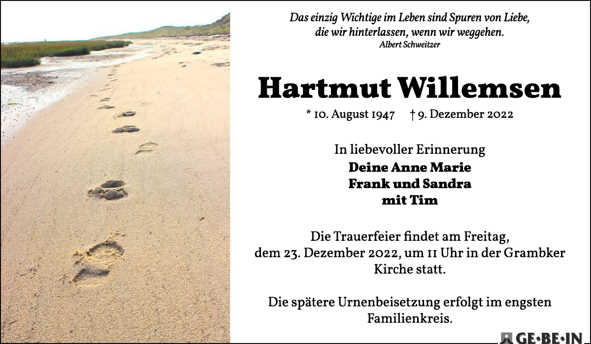 Traueranzeige von Hartmut Willemsen von WESER-KURIER