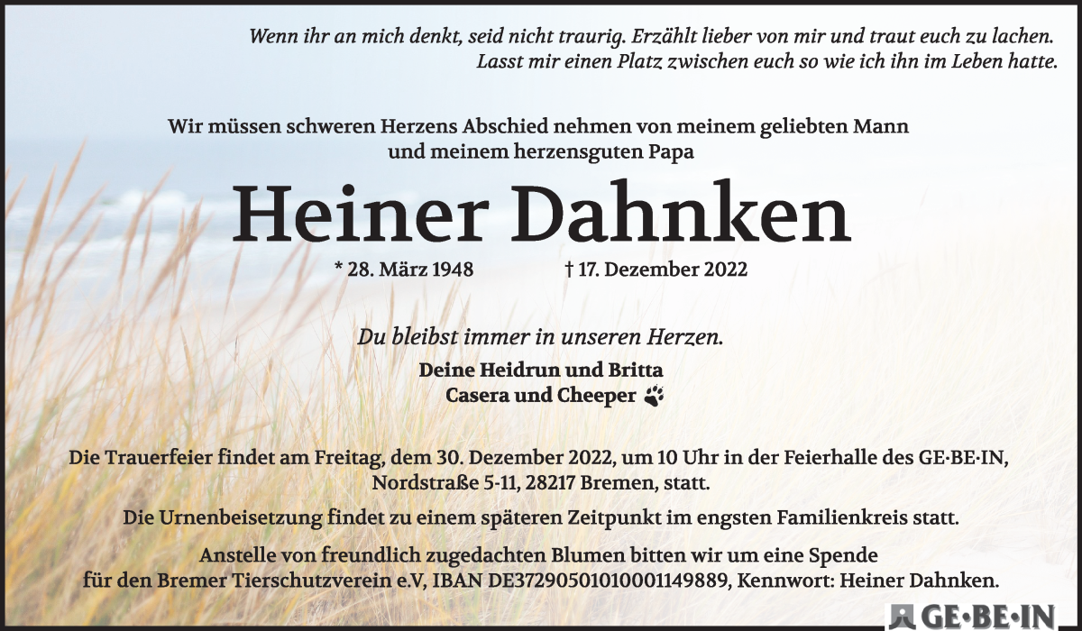 Traueranzeige von Heiner Dahnken von WESER-KURIER