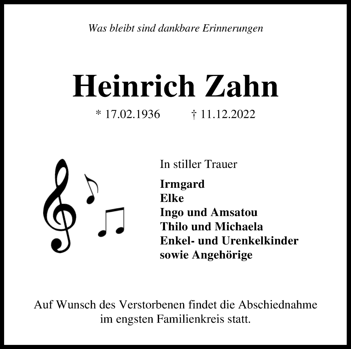 Traueranzeige von Heinrich Zahn von Die Norddeutsche