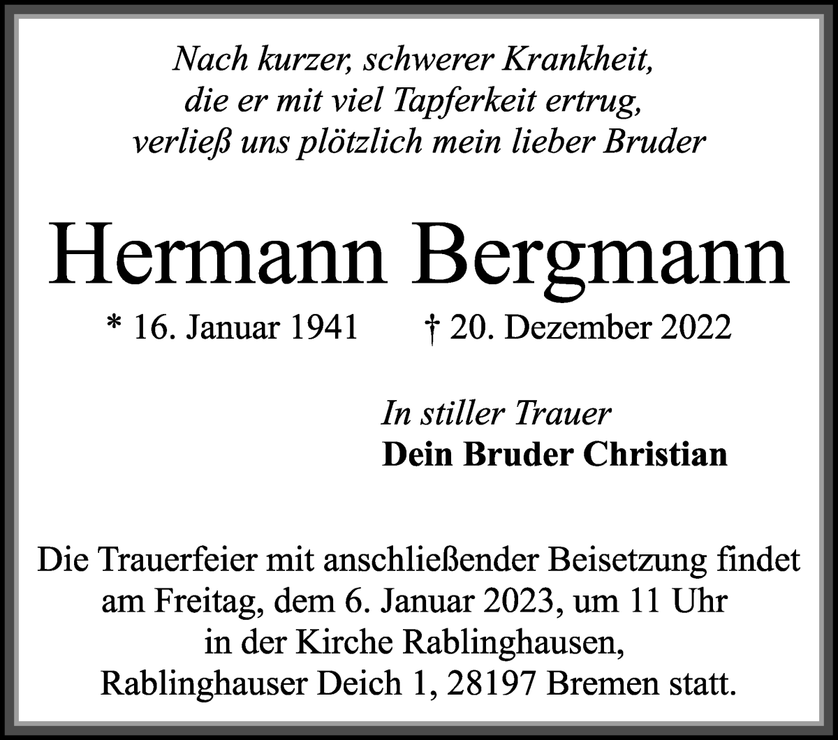 Traueranzeige von Hermann Bergmann von WESER-KURIER