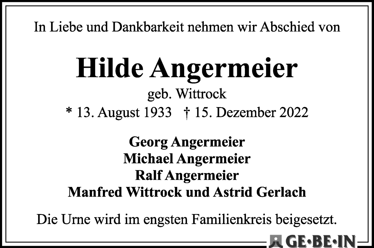Traueranzeige von Hilde Angermeier von WESER-KURIER