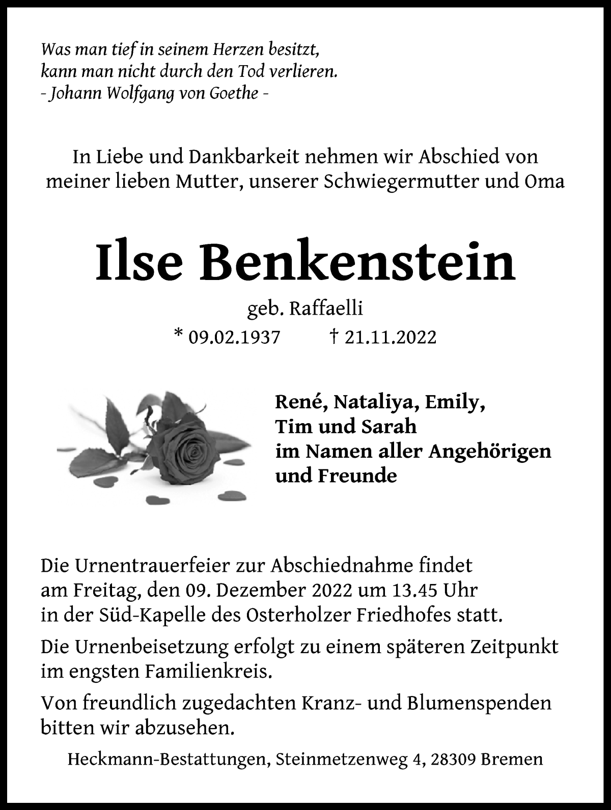 Traueranzeige von Ilse Benkenstein von WESER-KURIER