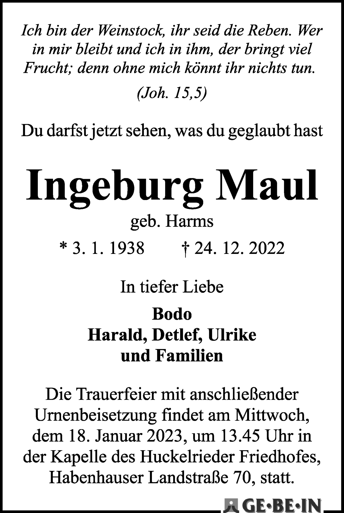 Traueranzeige von Ingeburg Maul von WESER-KURIER