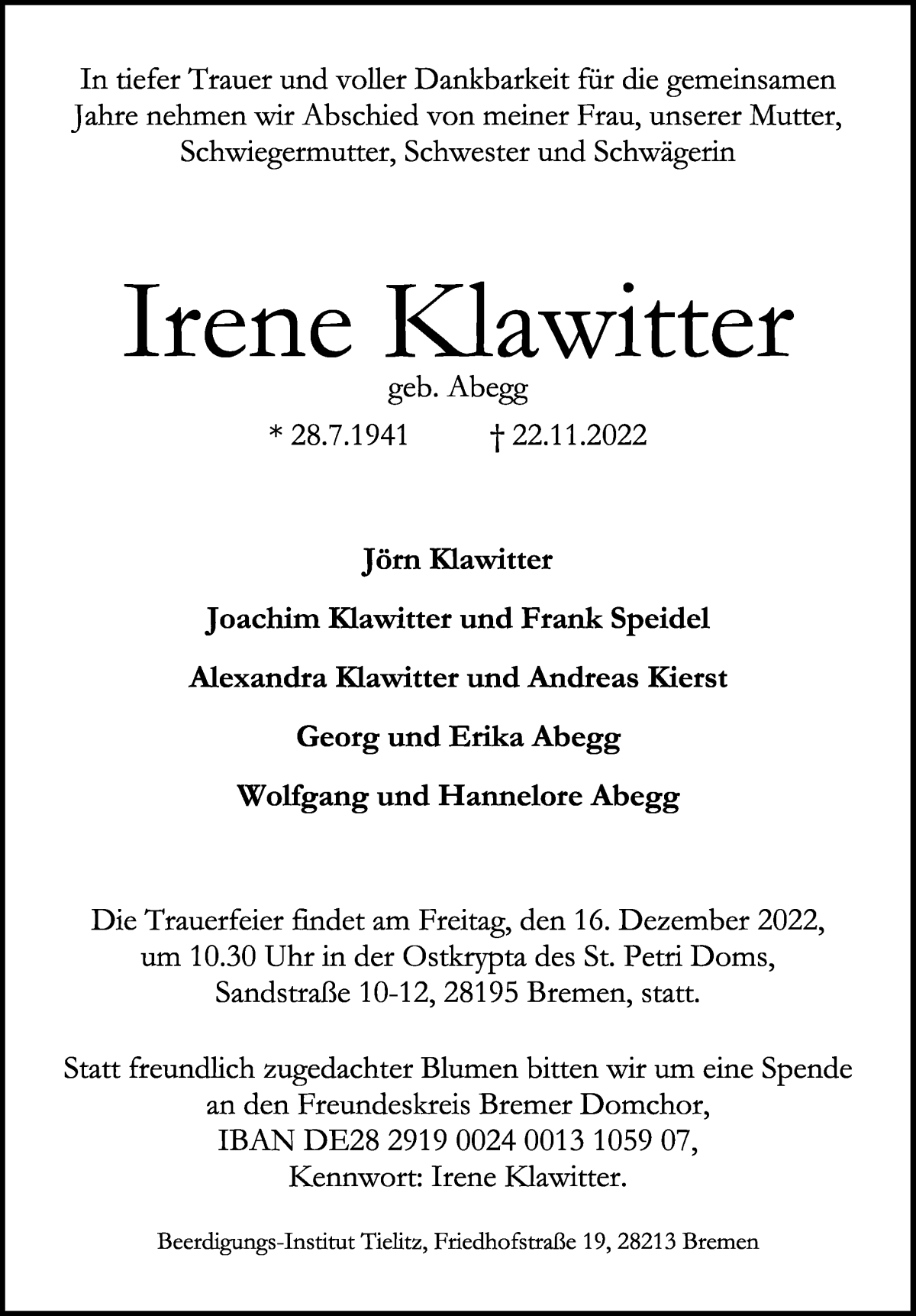 Traueranzeige von Irene Klawitter von WESER-KURIER