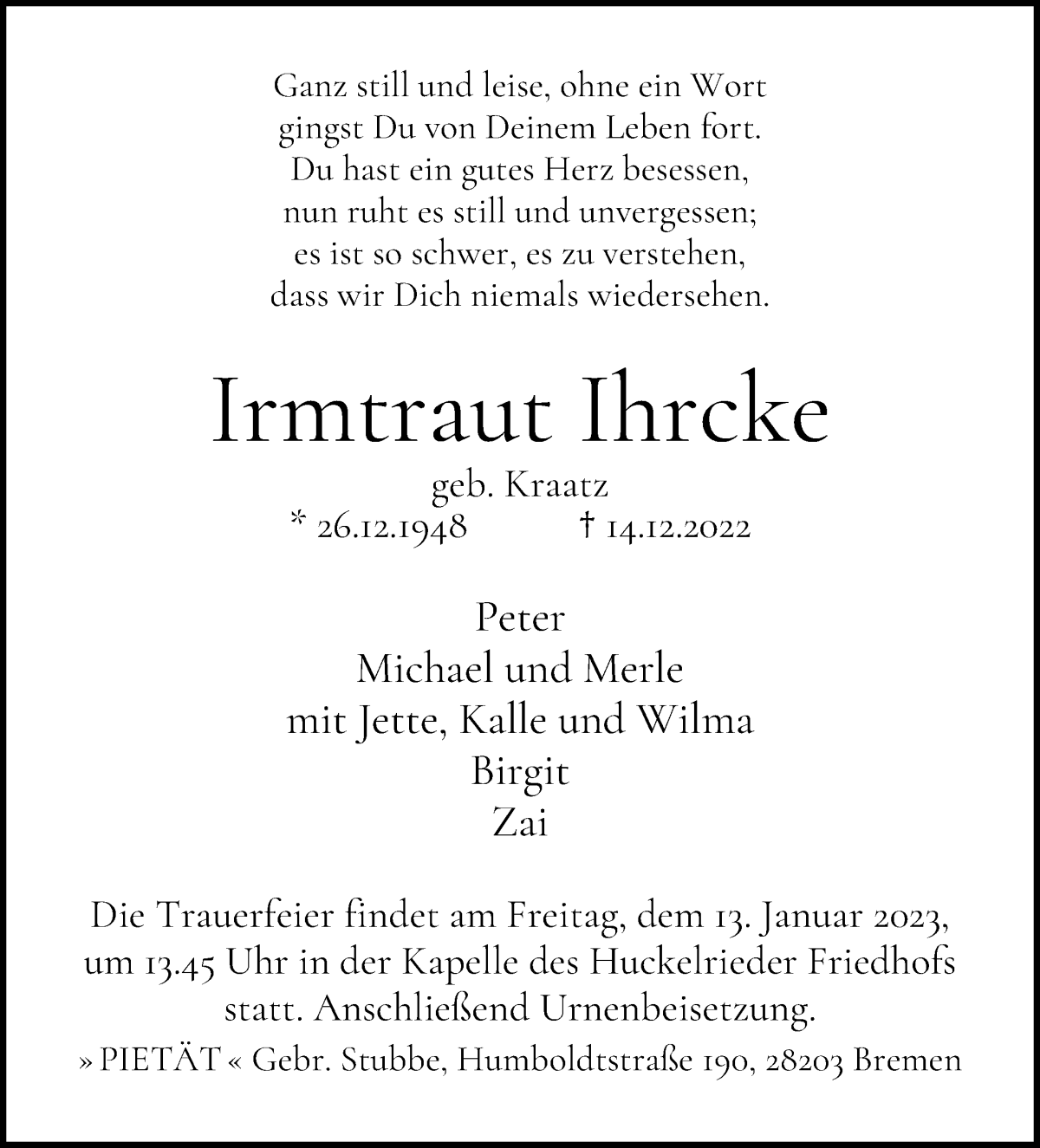 Traueranzeige von Irmtraut Ihrcke von WESER-KURIER