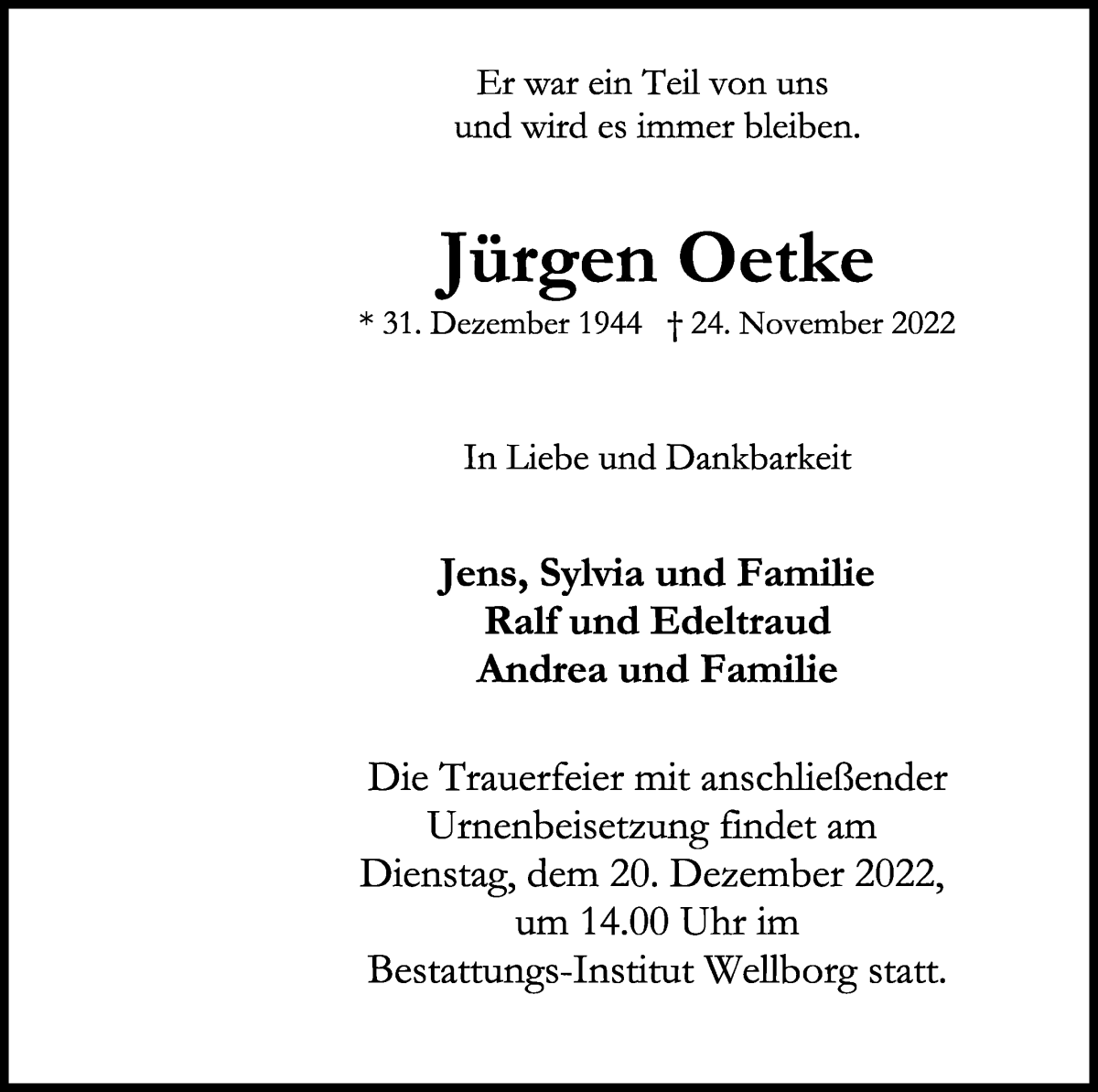 Traueranzeige von Jürgen Oetke von WESER-KURIER