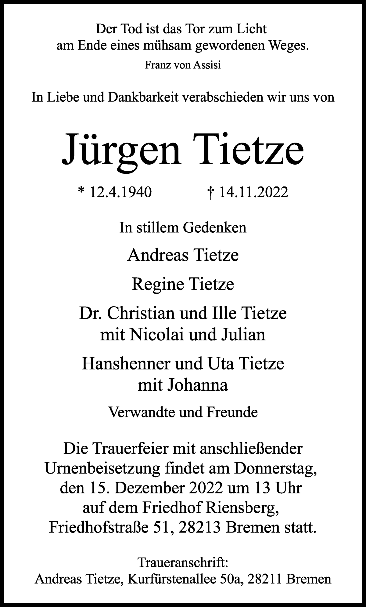 Traueranzeige von Jürgen Tietze von WESER-KURIER
