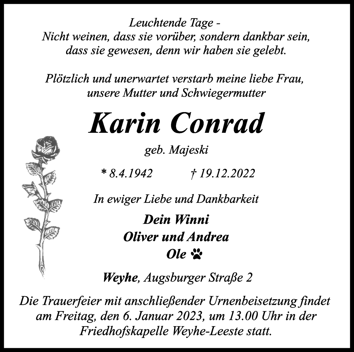 Traueranzeige von Karin Conrad von Regionale Rundschau/Syker Kurier