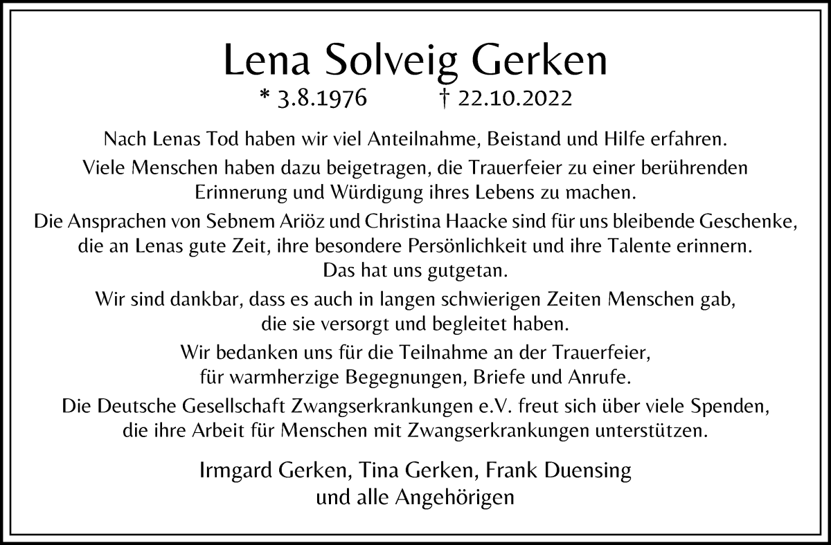 Traueranzeige von Lena Solveig Gerken von Die Norddeutsche