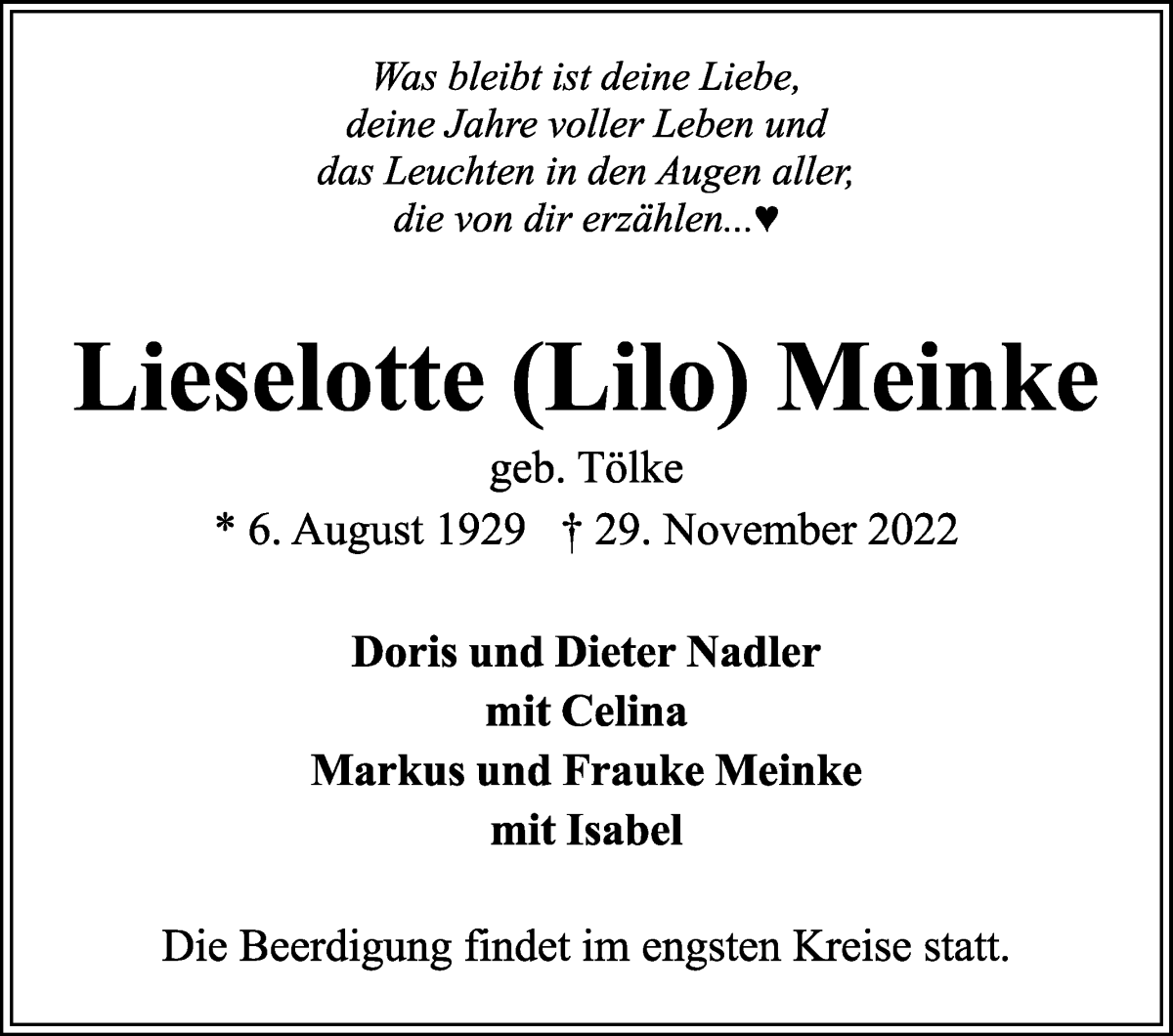 Traueranzeige von Lieselotte Meinke von WESER-KURIER