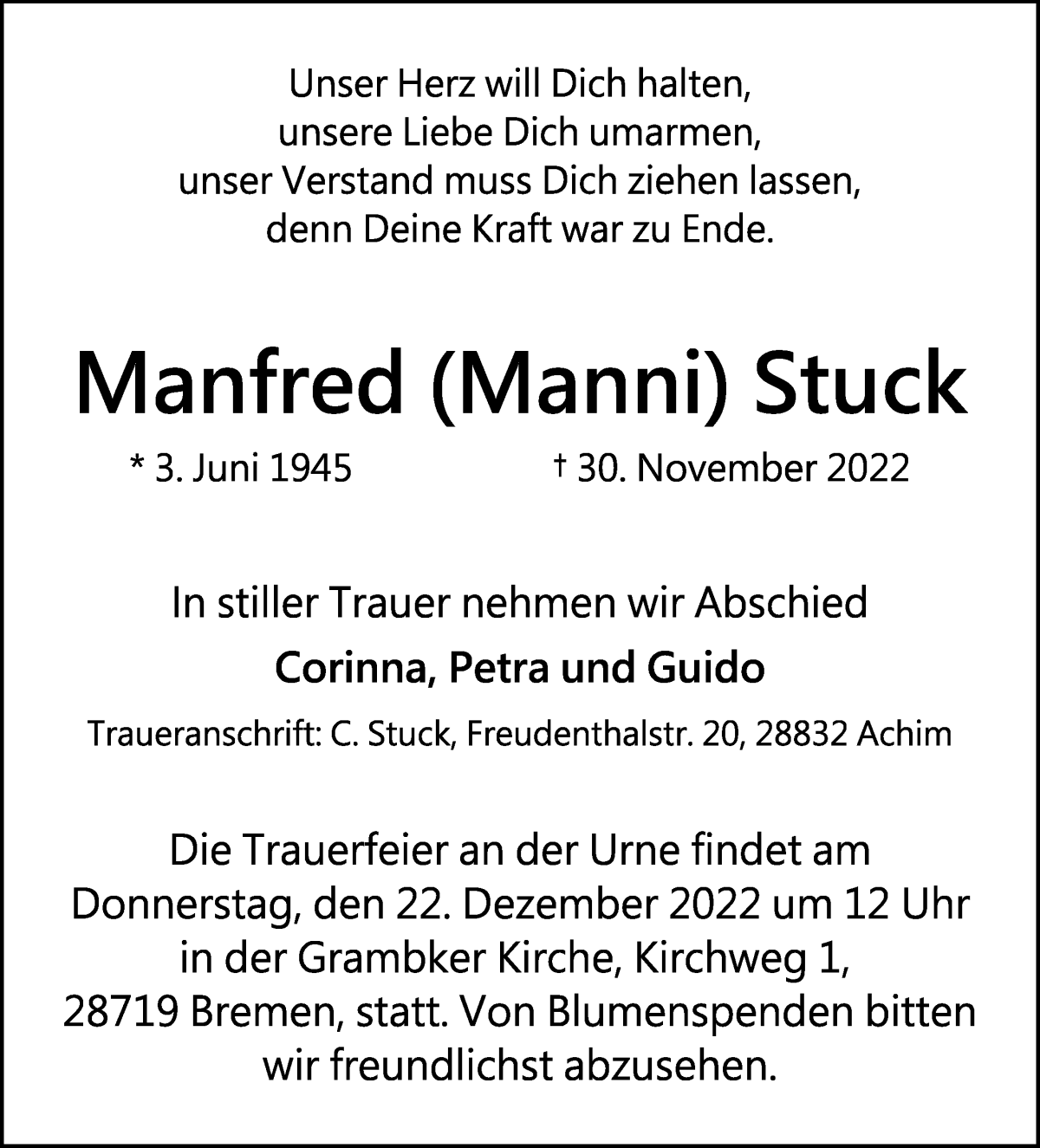 Traueranzeige von Manfred (Manni) Stuck von Die Norddeutsche