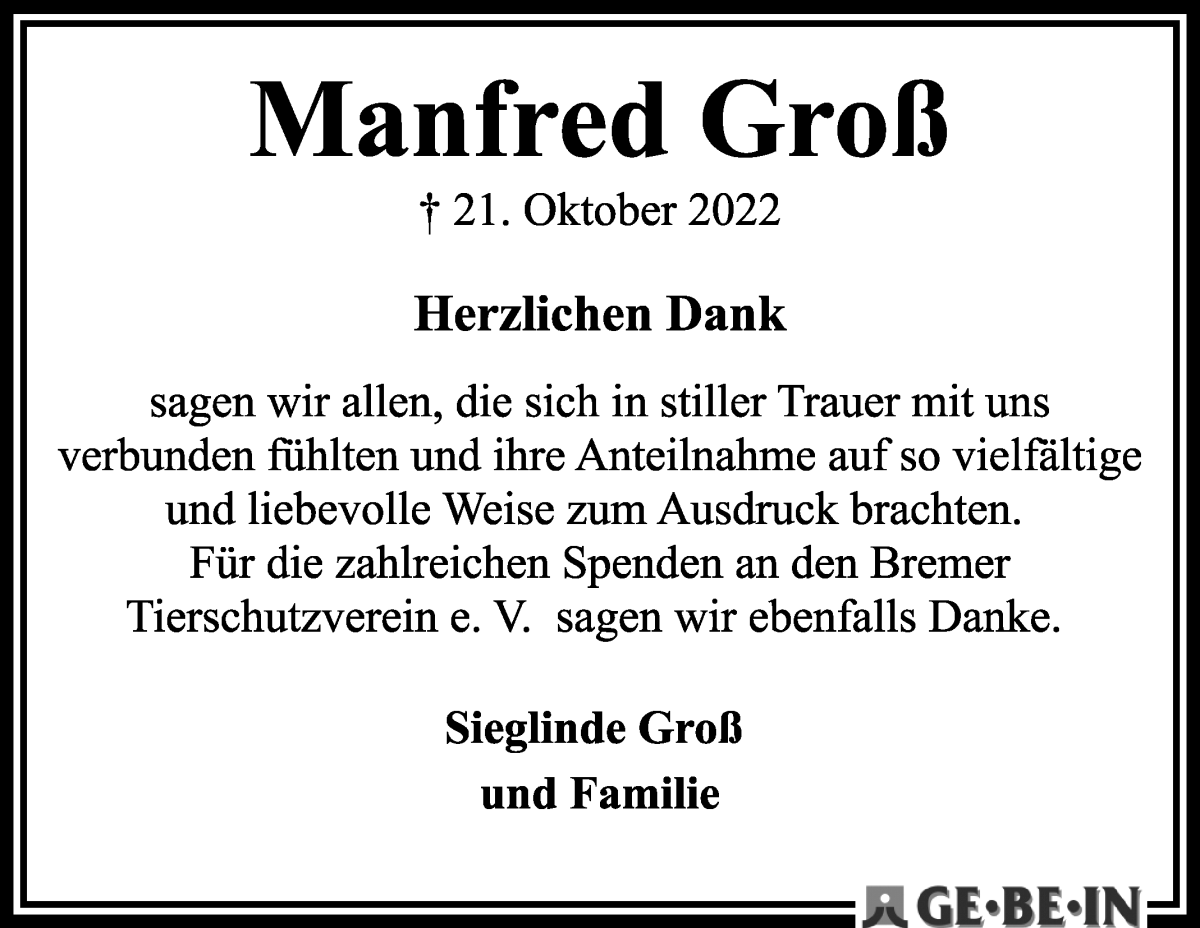 Traueranzeige von Manfred Groß von WESER-KURIER