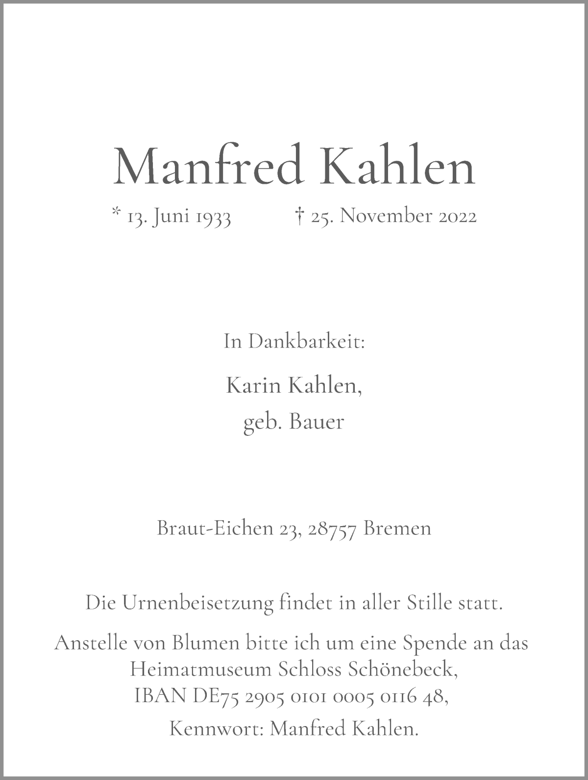 Traueranzeige von Manfred Kahlen von Die Norddeutsche