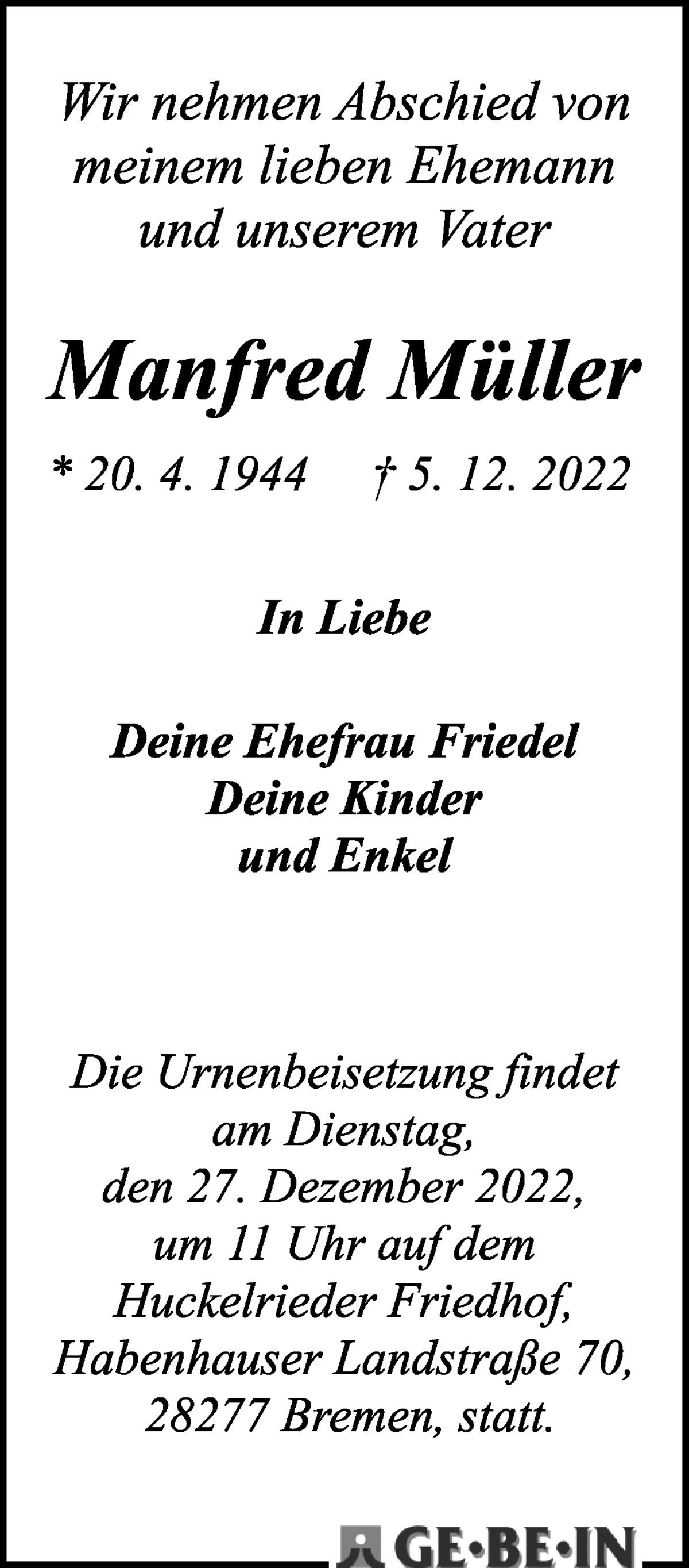 Traueranzeige von Manfred Müller von WESER-KURIER