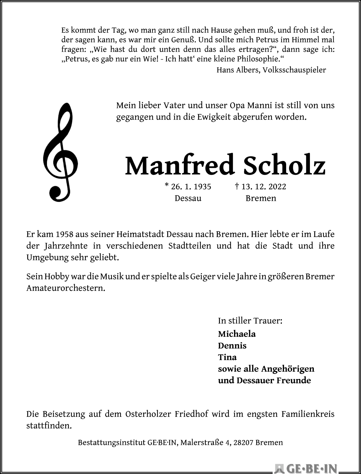 Traueranzeige von Manfred Scholz von WESER-KURIER
