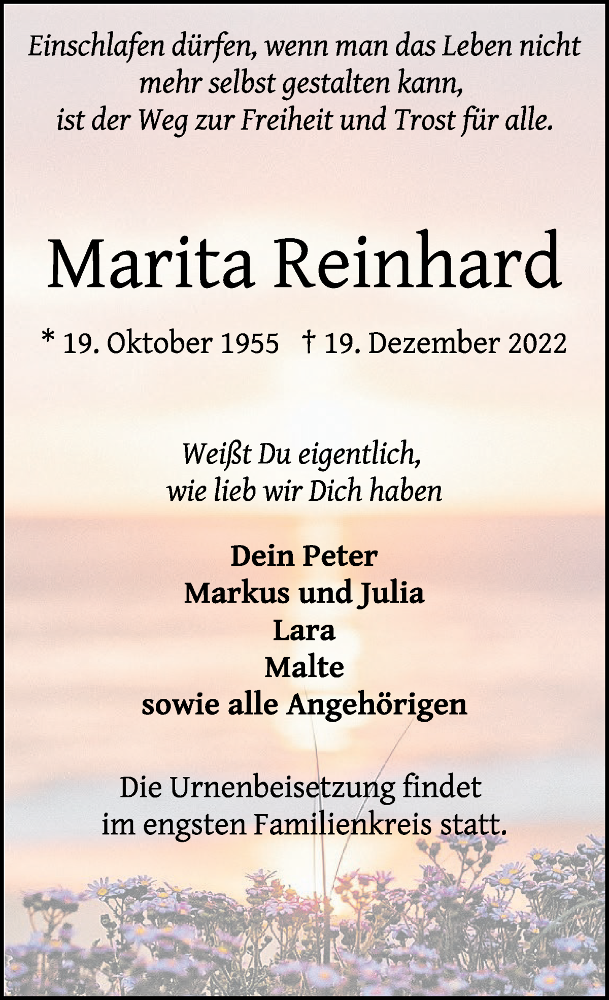 Traueranzeige von Marita Reinhard von WESER-KURIER