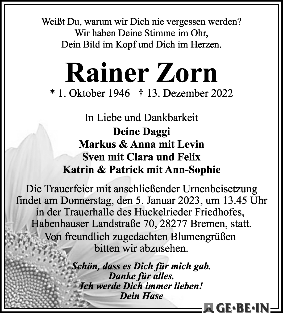 Traueranzeige von Rainer Zorn von WESER-KURIER