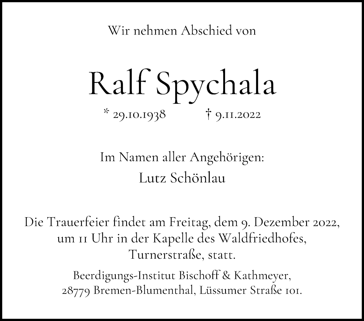 Traueranzeige von Ralf Spychala von Die Norddeutsche