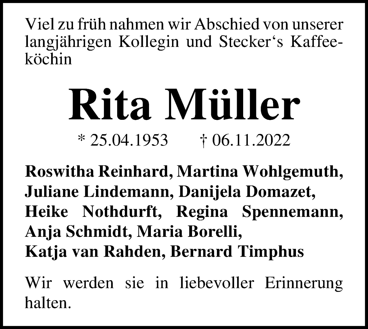 Traueranzeige von Rita Müller von WESER-KURIER