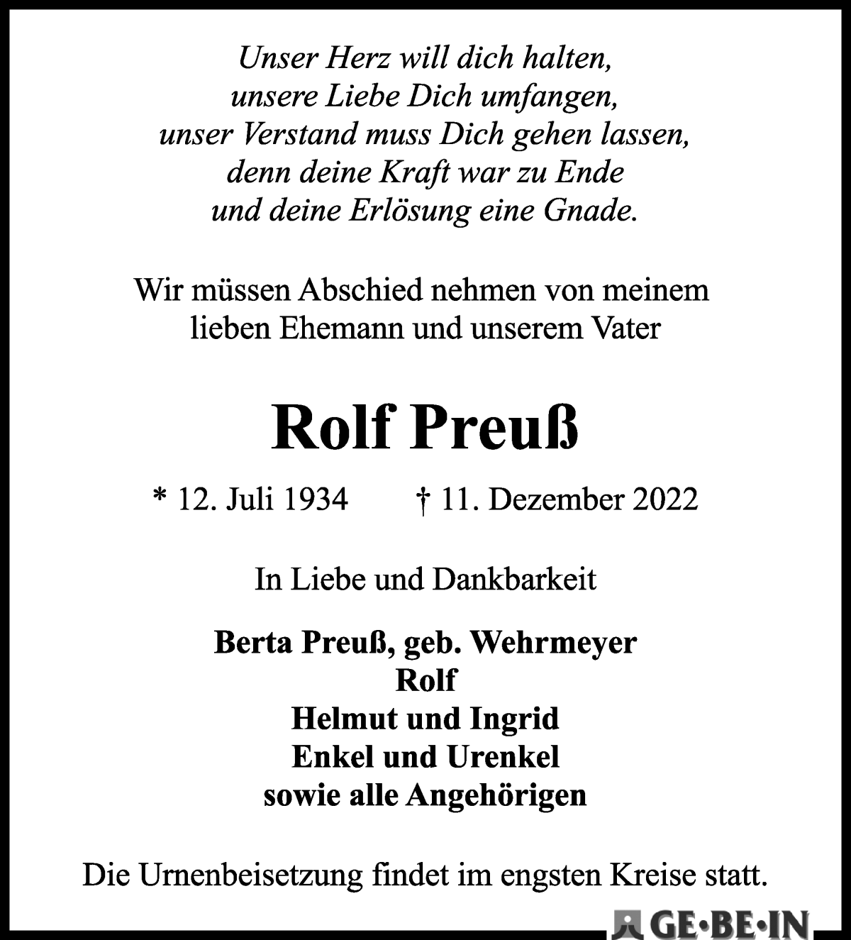 Traueranzeige von Rolf Preuß von WESER-KURIER
