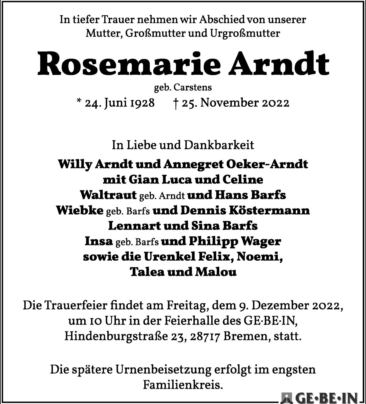 Traueranzeige von Rosemarie Arndt von WESER-KURIER
