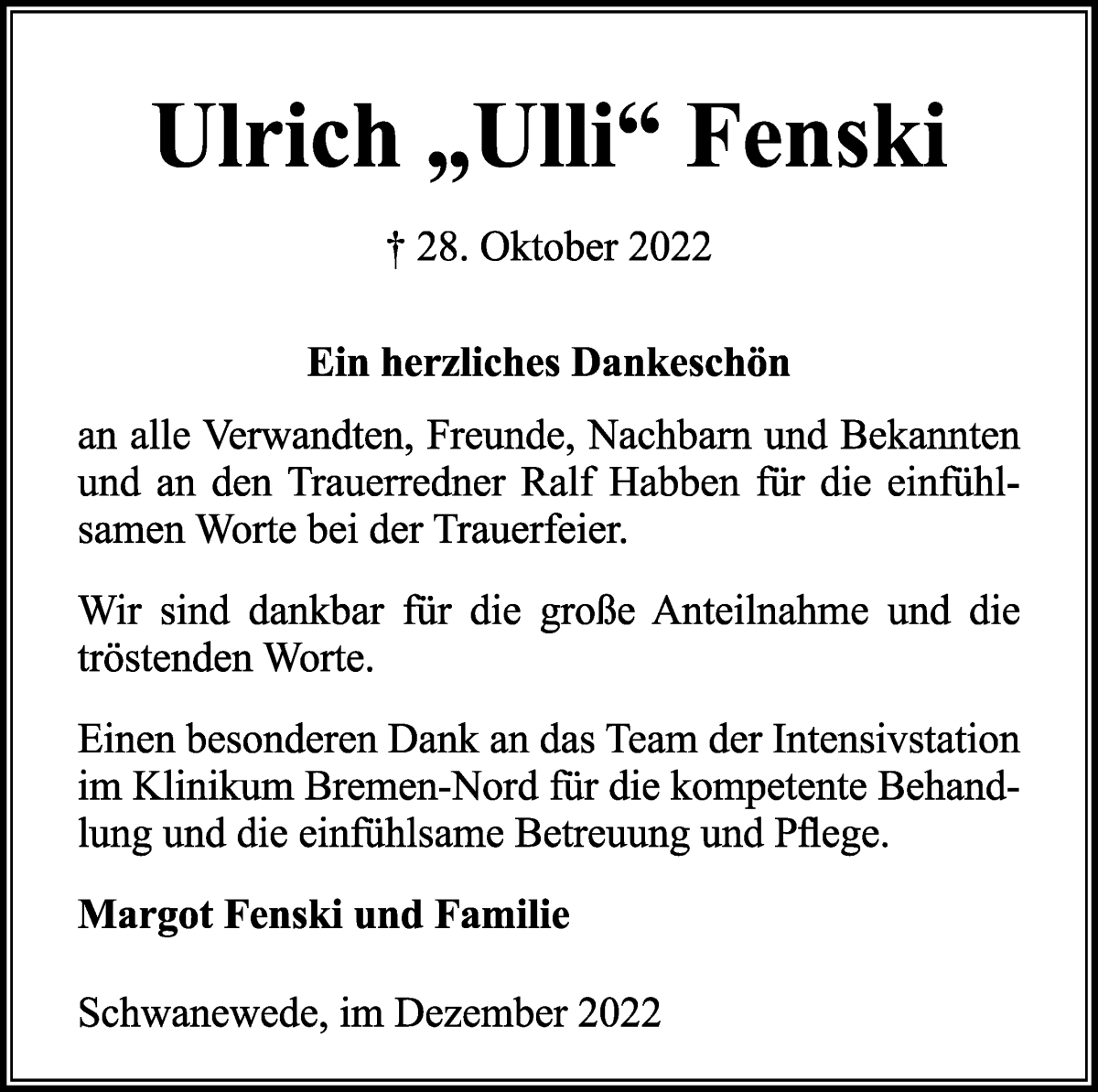 Traueranzeige von Ulrich „Ulli“ Fenski von Die Norddeutsche